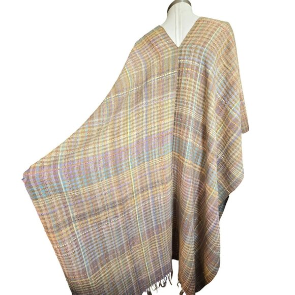 Laise Adzer Handwoven Plaid Cape Shawl Pastel Tan Multicolor Ribbon CM2057 - Picture 8 of 11